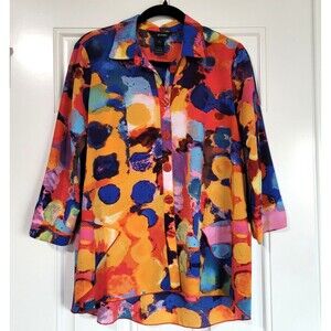 ALI MILES Abstract Print Button Front Tunic Size S Artsy Colorful 3/4 Sleeve
